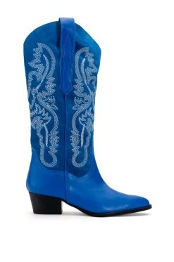 GENUINE LEATHER IGGY METALLIC WESTERN STYLE BELOW THE KNEE BOOT IN BLUE -Azalea Wang store iggy metallic western style below the knee boot in blue blue 2 2
