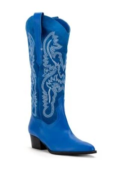GENUINE LEATHER IGGY METALLIC WESTERN STYLE BELOW THE KNEE BOOT IN BLUE -Azalea Wang store iggy metallic western style below the knee boot in blue blue 3 3