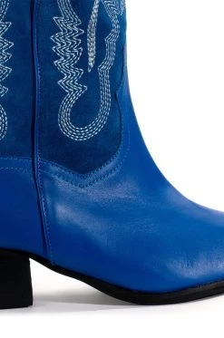 GENUINE LEATHER IGGY METALLIC WESTERN STYLE BELOW THE KNEE BOOT IN BLUE -Azalea Wang store iggy metallic western style below the knee boot in blue blue 5 5