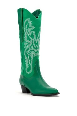GENUINE LEATHER IGGY METALLIC WESTERN STYLE BELOW THE KNEE BOOT IN GREEN -Azalea Wang store iggy metallic western style below the knee boot in green green 3 3