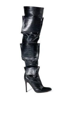 LEVEL UP OVER THE KNEE CROC STILETTO CARGO BOOT IN BLACK -Azalea Wang store level up over the knee croc stiletto cargo boot in black black 2 2