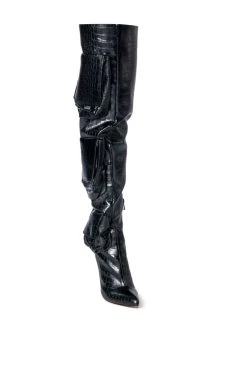 LEVEL UP OVER THE KNEE CROC STILETTO CARGO BOOT IN BLACK -Azalea Wang store level up over the knee croc stiletto cargo boot in black black 3 3