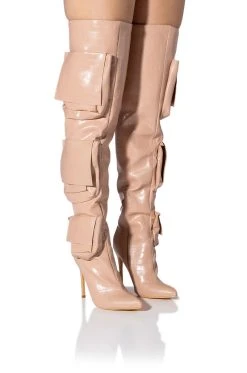 LEVEL UP OVER THE KNEE CROC STILETTO CARGO BOOT IN NUDE