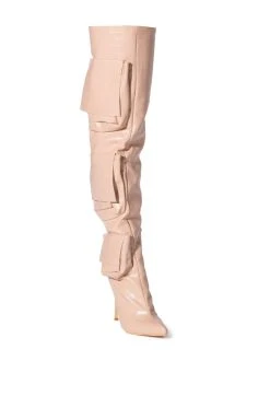 LEVEL UP OVER THE KNEE CROC STILETTO CARGO BOOT IN NUDE -Azalea Wang store level up over the knee croc stiletto cargo boot in nude nude 3 3