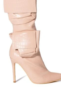LEVEL UP OVER THE KNEE CROC STILETTO CARGO BOOT IN NUDE -Azalea Wang store level up over the knee croc stiletto cargo boot in nude nude 5 5