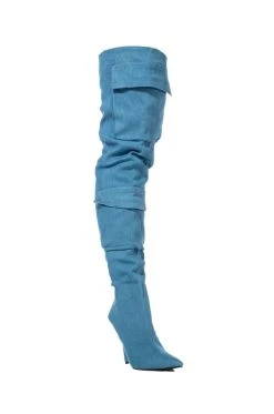 MOTOFOX STILETTO OVER THE KNEE BOOT IN BLUE DENIM -Azalea Wang store motofox stiletto over the knee boot in blue denim denim 4 4