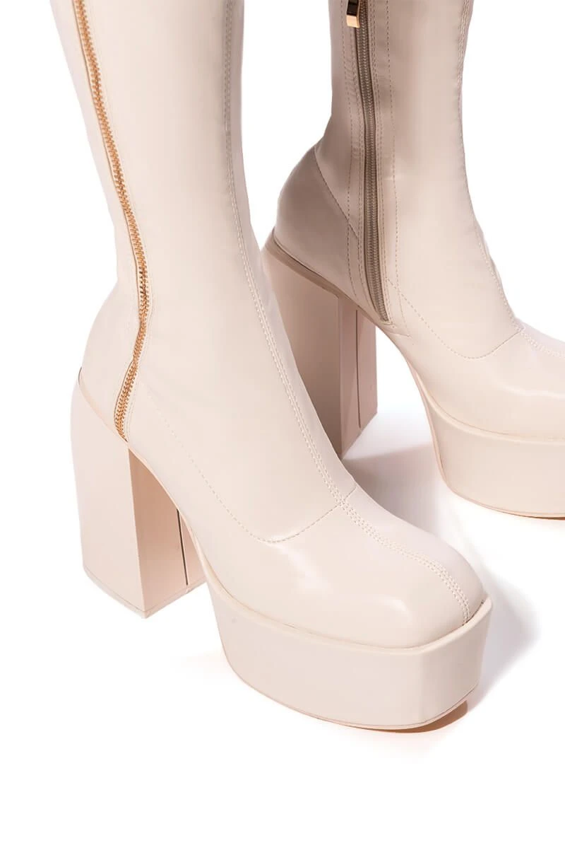 READY TO MINGLE OVER THE KNEE PU CHUNKY PLATFORM BOOT IN CREAM 7 READY TO MINGLE OVER THE KNEE PU CHUNKY PLATFORM BOOT IN CREAM - Image 5
