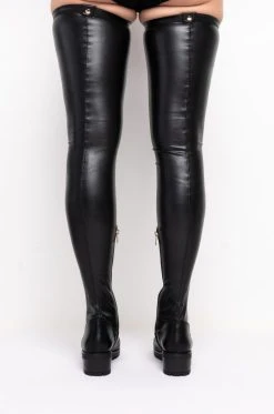 **SLIM FIT** AZALEA WANG FOREVER LOST IN TIME FITTED HIGH FLAT BOOT WITH 4 WAY STRETCH -Azalea Wang store slim fit azalea wang forever lost in time fitted high flat boot black pu 5 5