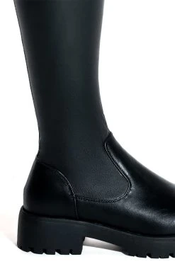 **SLIM FIT** AZALEA WANG SURGICAL FLATFORM BOOT WITH 4 WAY STRETCH IN STRETCH PU 15 **SLIM FIT** AZALEA WANG SURGICAL FLATFORM BOOT WITH 4 WAY STRETCH IN STRETCH PU -Azalea Wang store slim fit azalea wang surgical flatform boot in stretch pu black 5 5